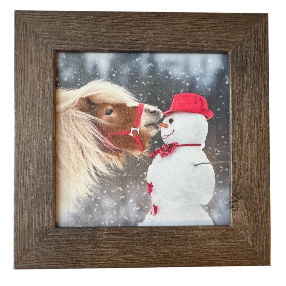 Horse & Snowman Winter Scene Framed Art 6x6" Made In USA